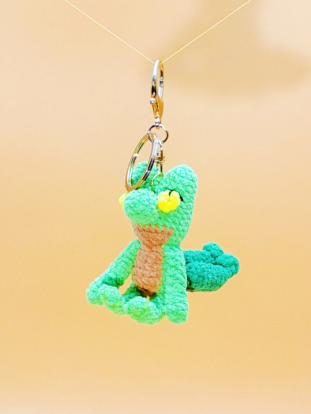 Green gecko handmade crochet keychain front view