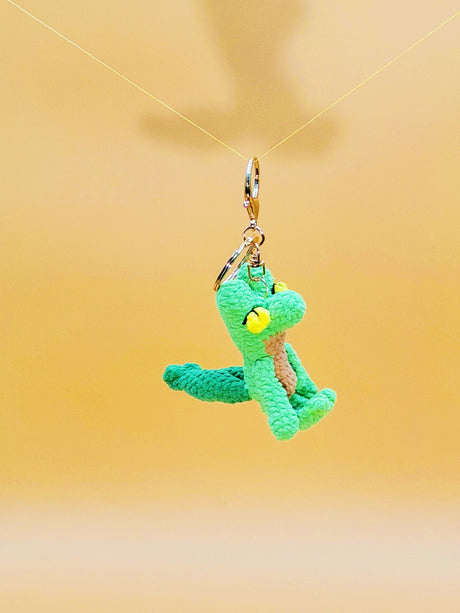 Green gecko handmade crochet keychain side view