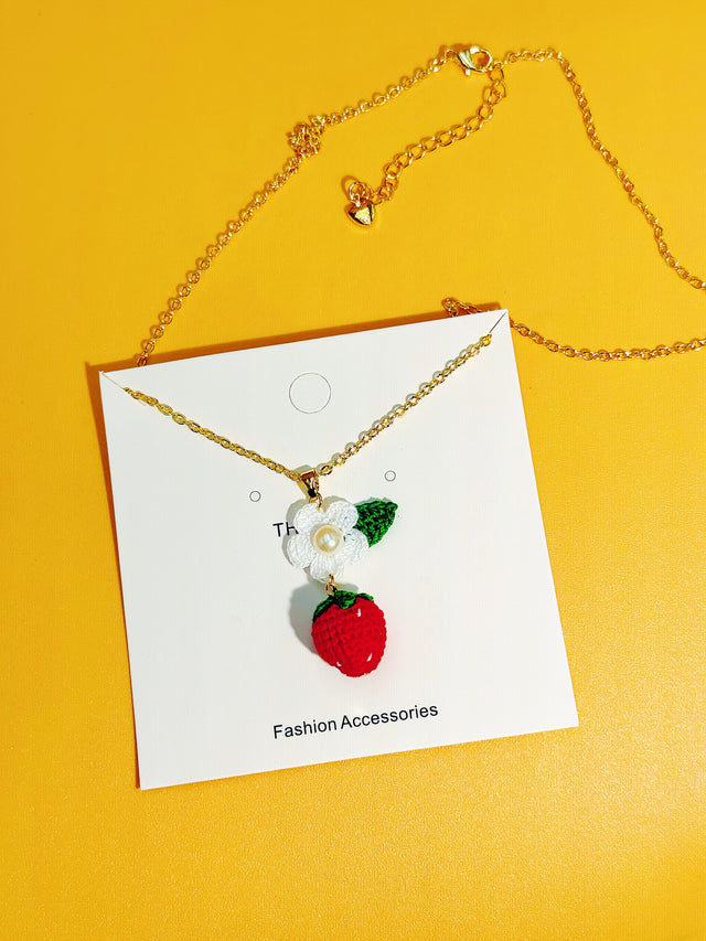 Strawberry with white flower Necklace | Handmade Crochet Gift